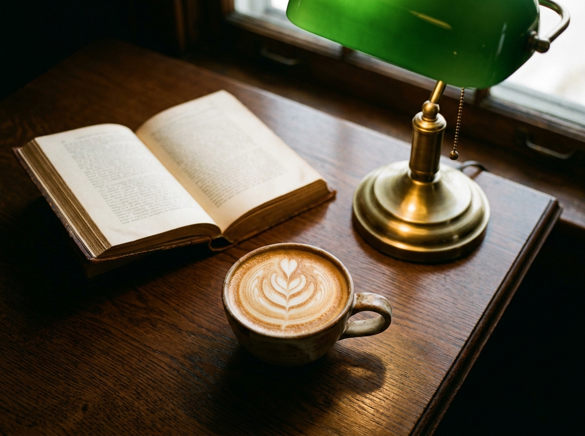Latte and an open book at The Square