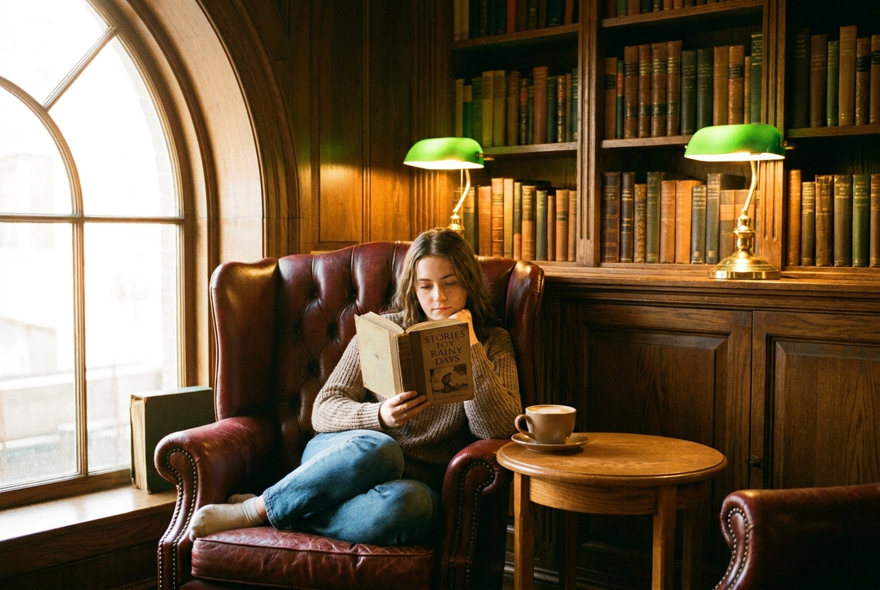 A reader curled up in a leather armchair with a latte
