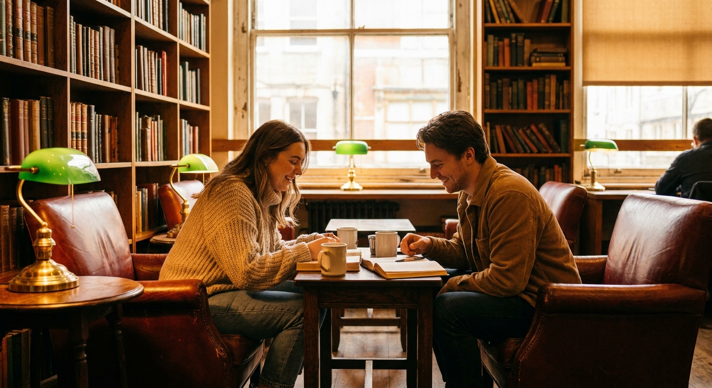 Two friends sharing coffee at a table among the bookshelves