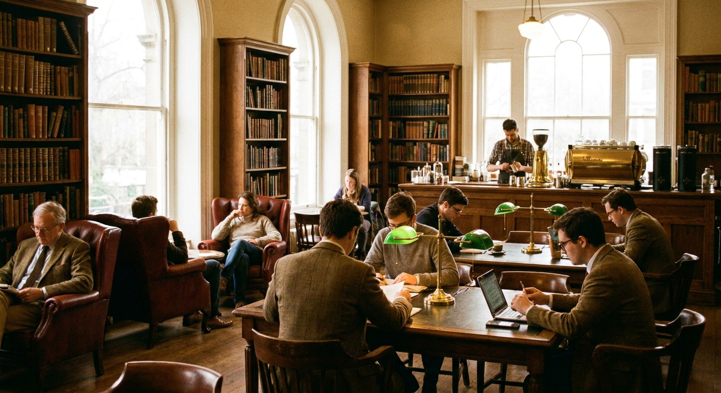 The Square coffee bar — readers and the espresso machine among the stacks