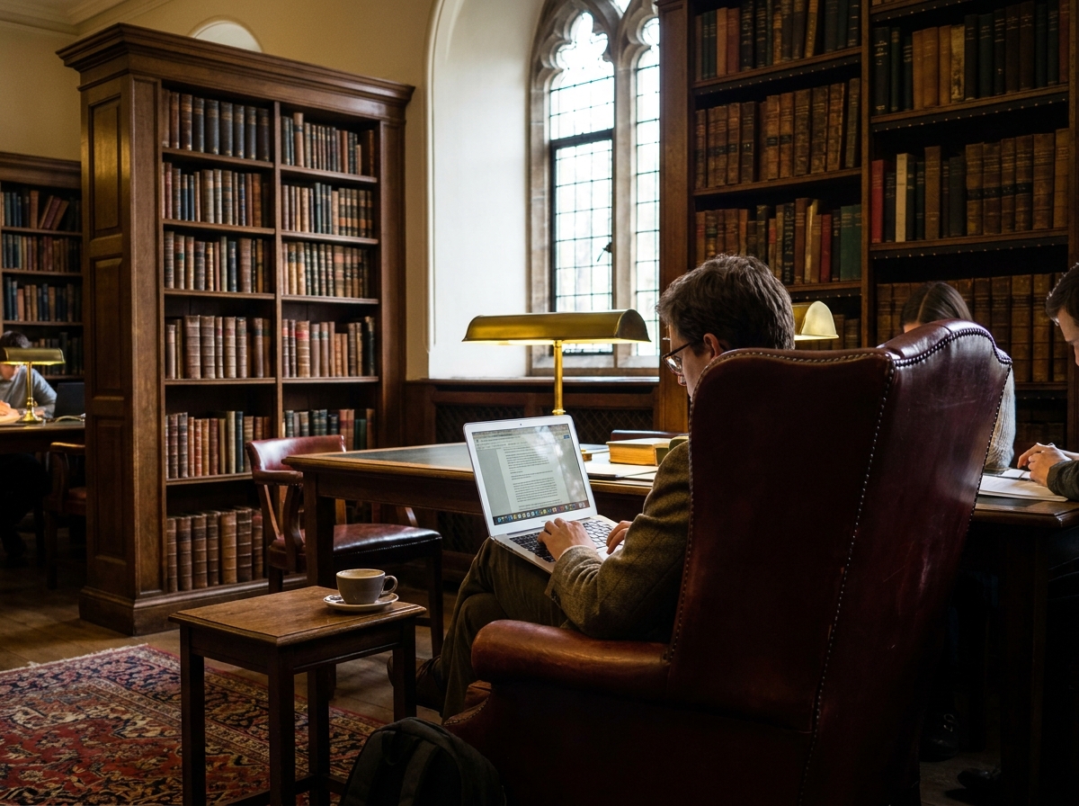 A member working in a leather chair at The Square