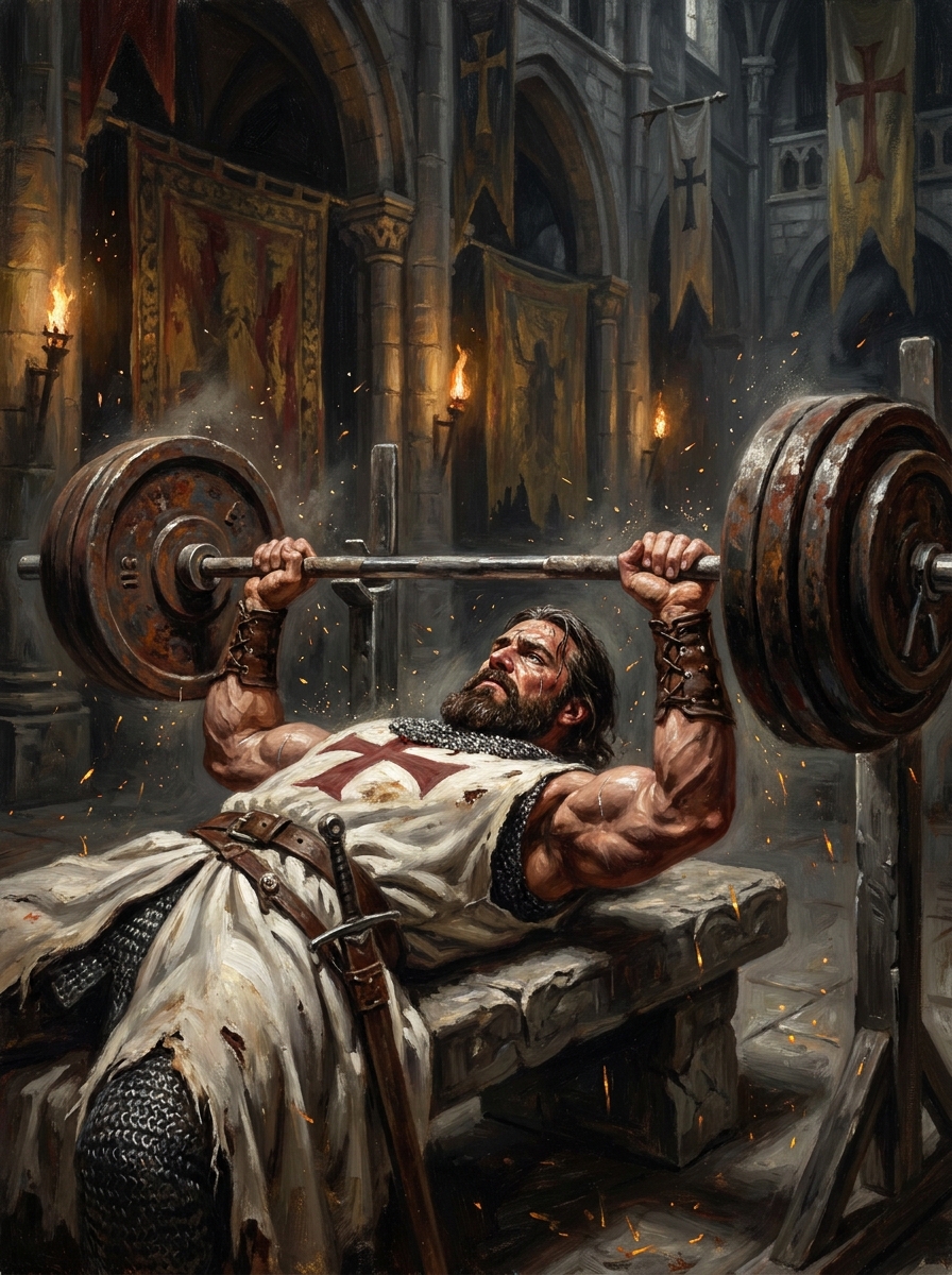 Crusader performing a bench press