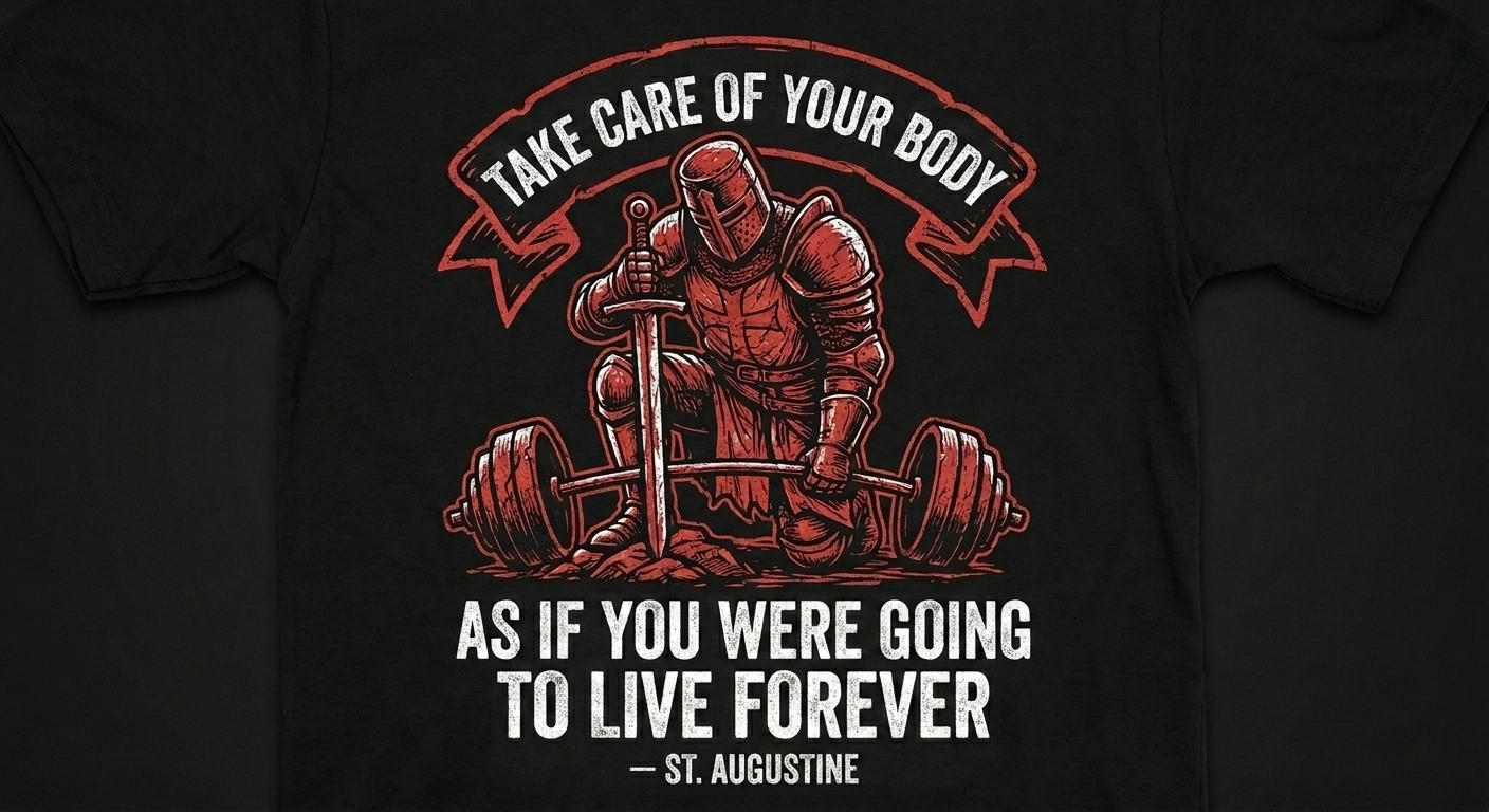Iron Crusade tee — 'Take care of your body as if you were going to live forever,' St. Augustine