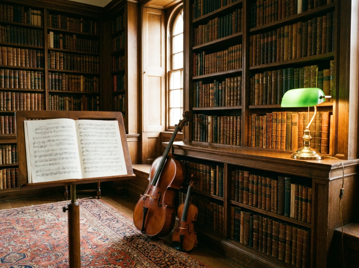 Cello and violin among the library shelves